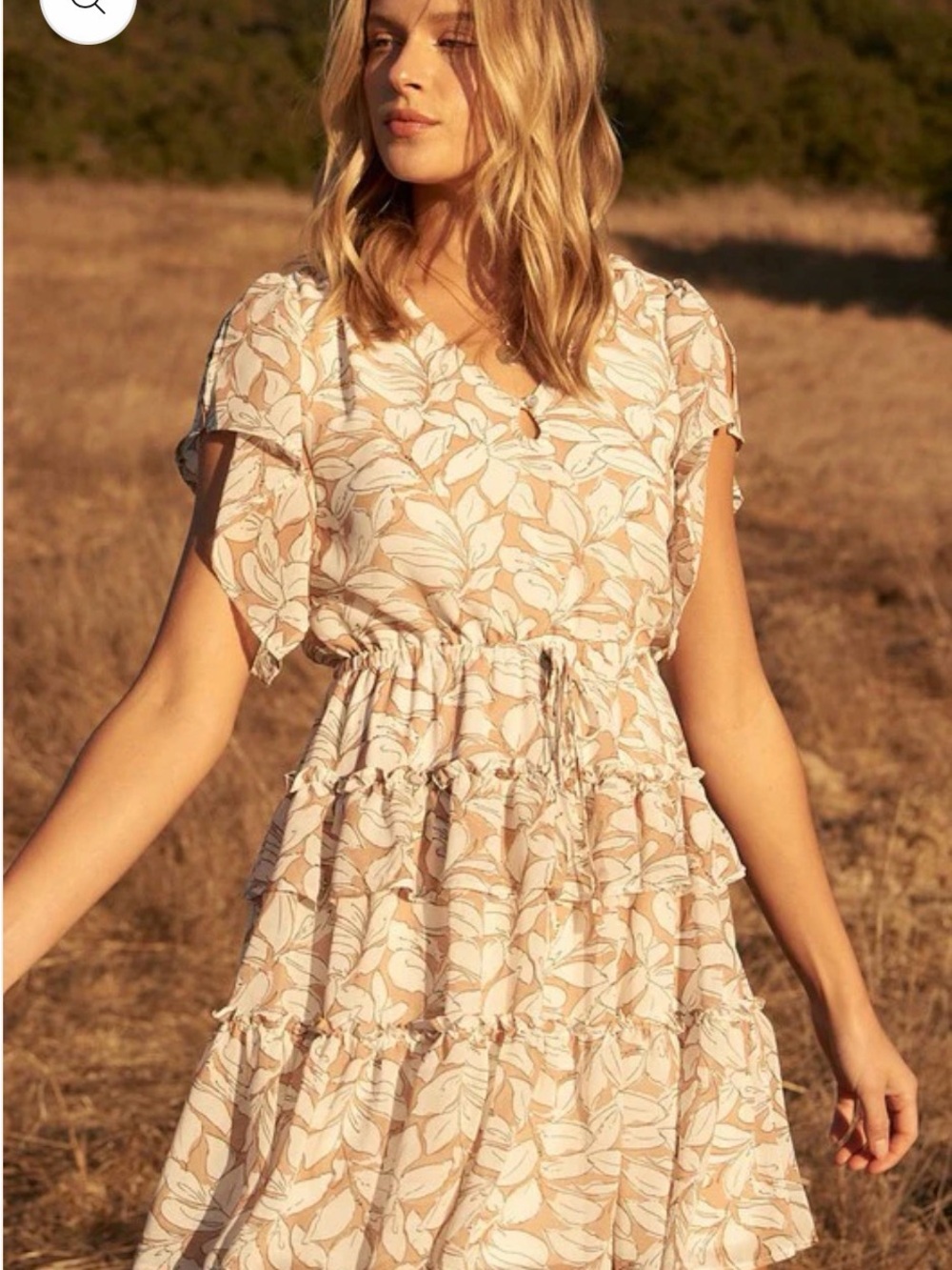 Promesa Beige and White Leaf-Print Tiered Midi Dress, Small